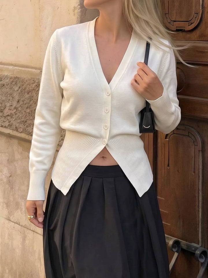 Ribbed V-neck button-front slim knit cardigan