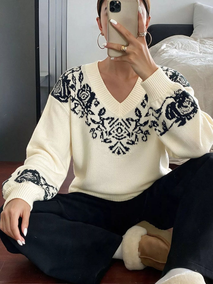 Floral jacquard V-neck dropped shoulder sweater