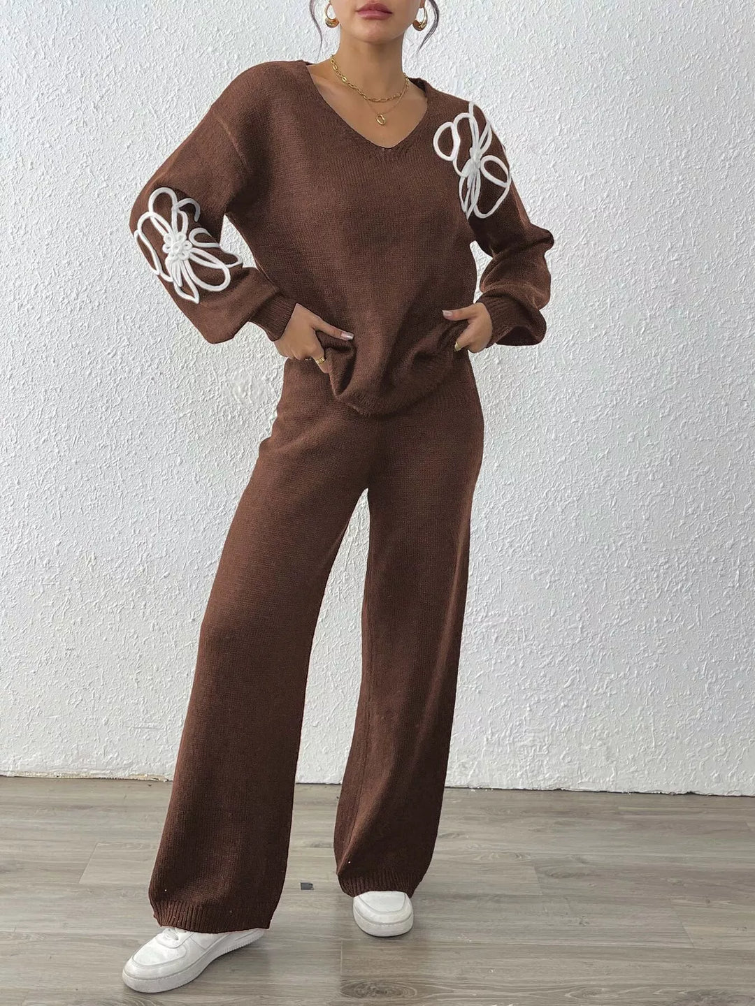 Floral embroidered V-neck sweater set with wide-leg pants