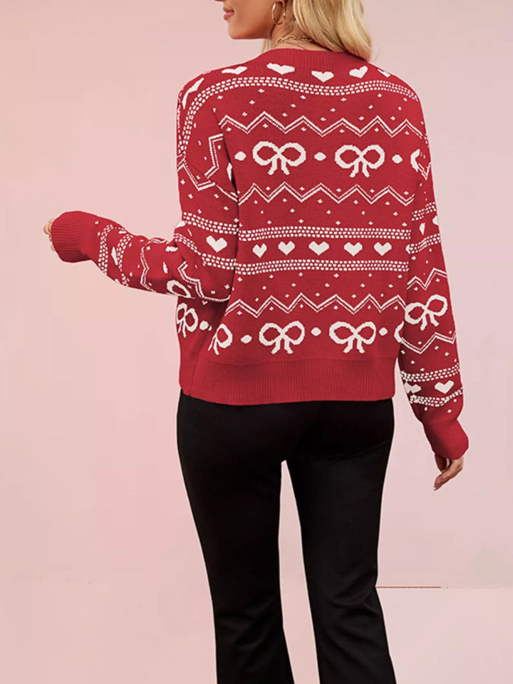 Bow and heart fair isle knit button-front cardigan