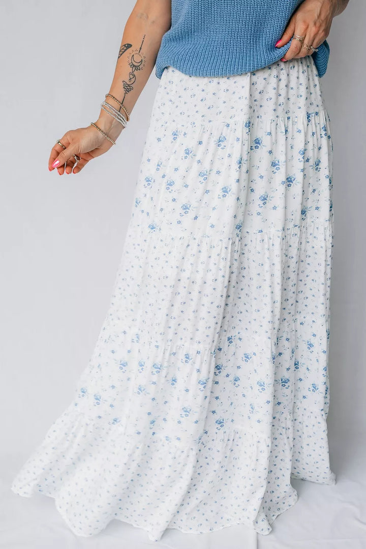 High-waist tiered floral boho maxi skirt