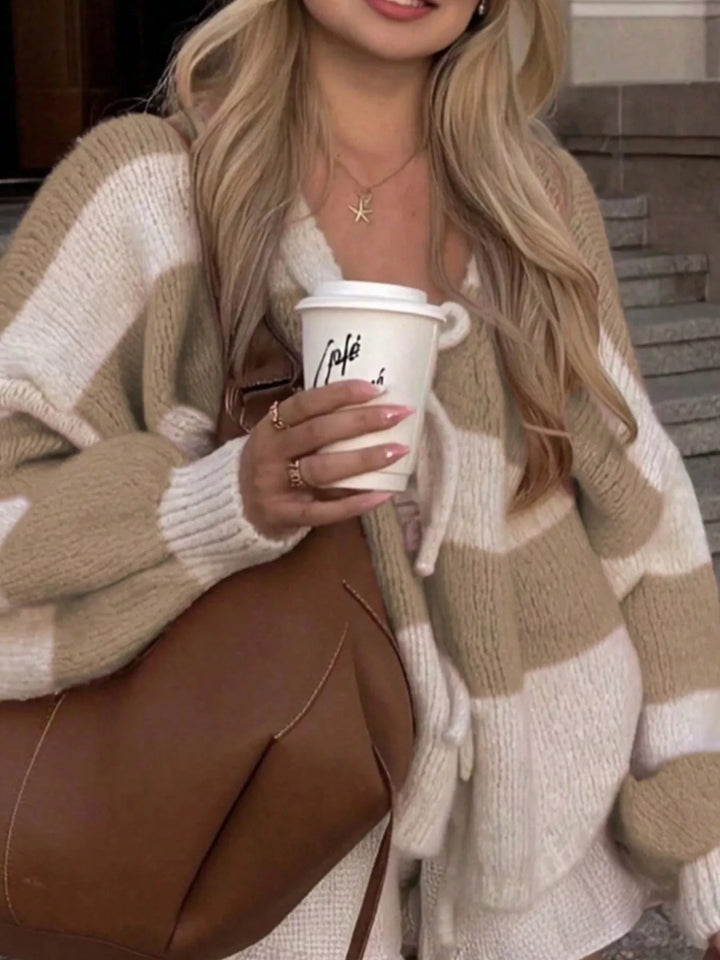 Striped tie-front knit cardigan with ribbed cuffs