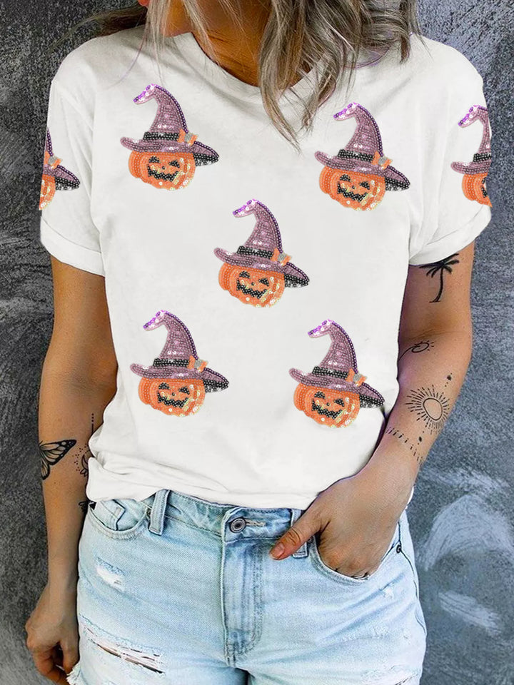 Sequin witch hat pumpkin patch short sleeve crew neck tee