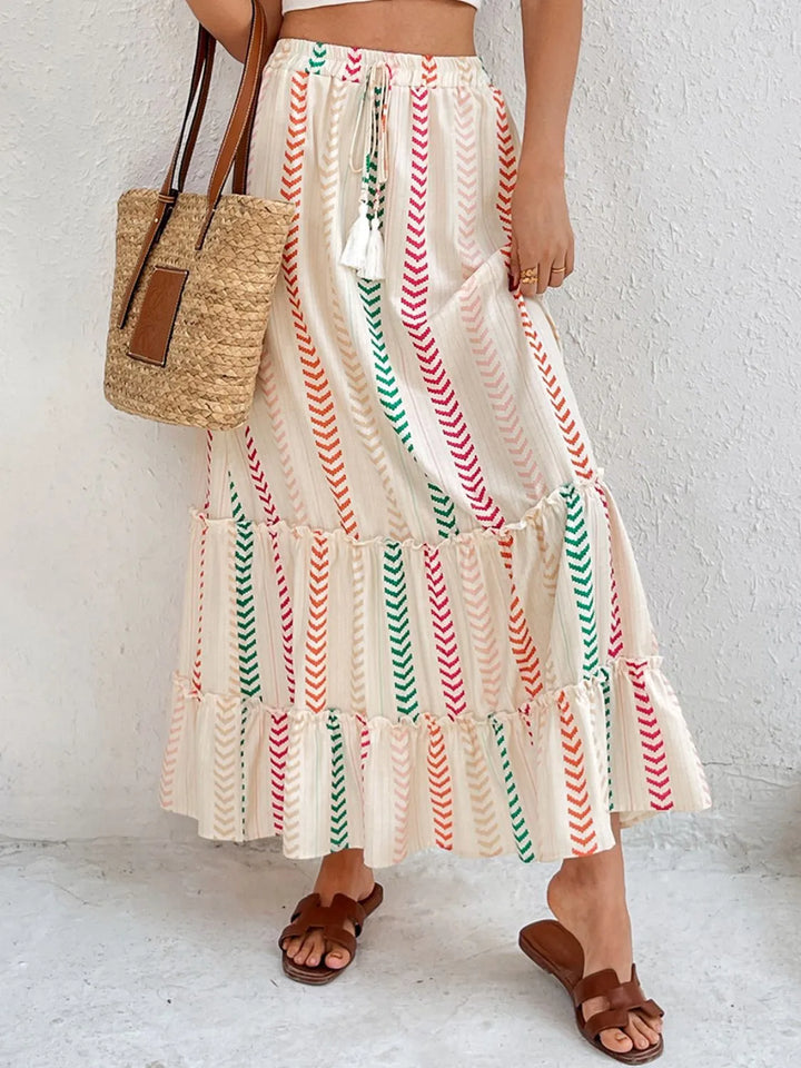 Striped print tiered maxi skirt with tassel tie waist