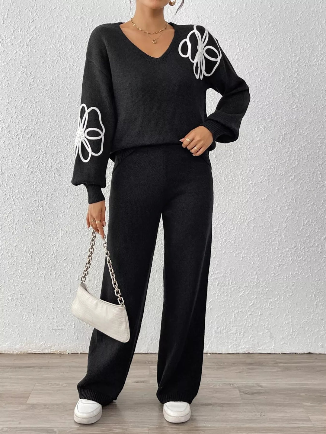 Floral embroidered V-neck sweater set with wide-leg pants