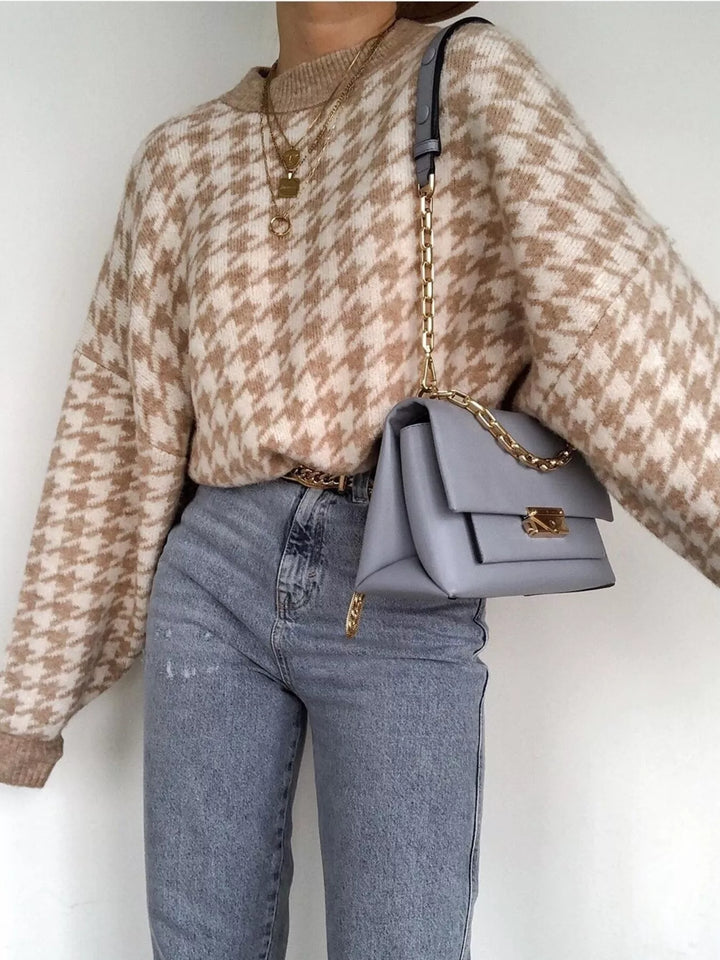 Houndstooth oversized crewneck knit sweater