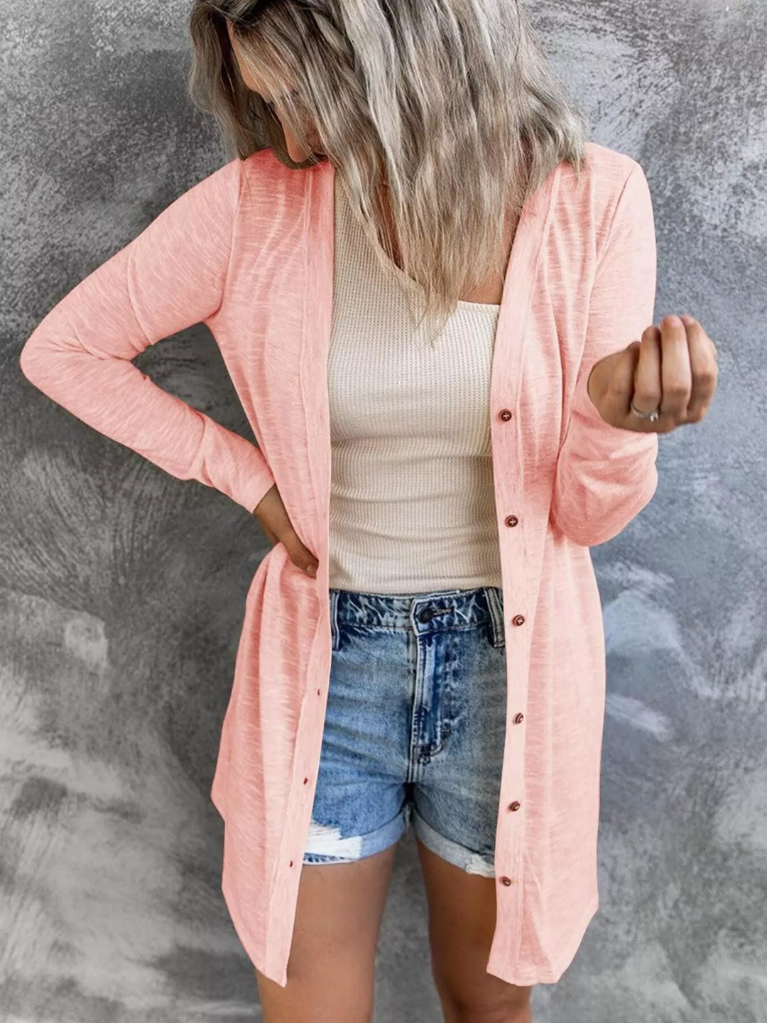 Light Pink Lightweight button-front longline open knit cardigan