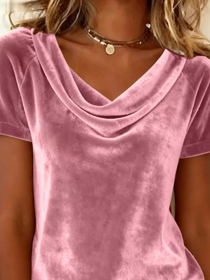 Draped cowl neck velvet top with short sleeves