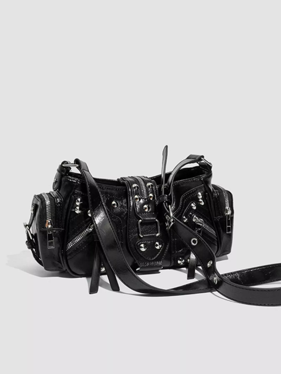 Studded moto shoulder bag with zip cargo pockets