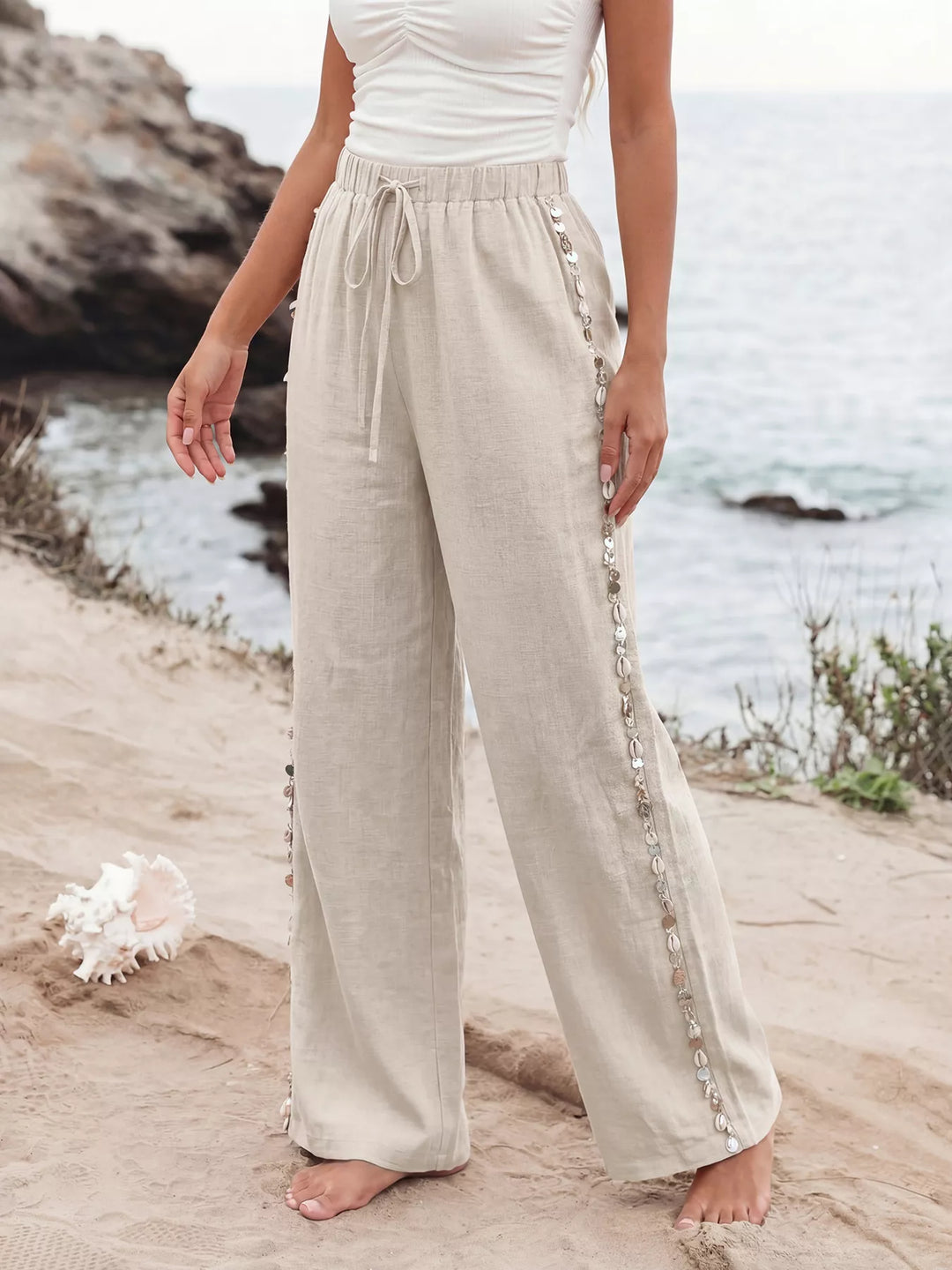 Linen-blend wide leg drawstring pants with shell trim