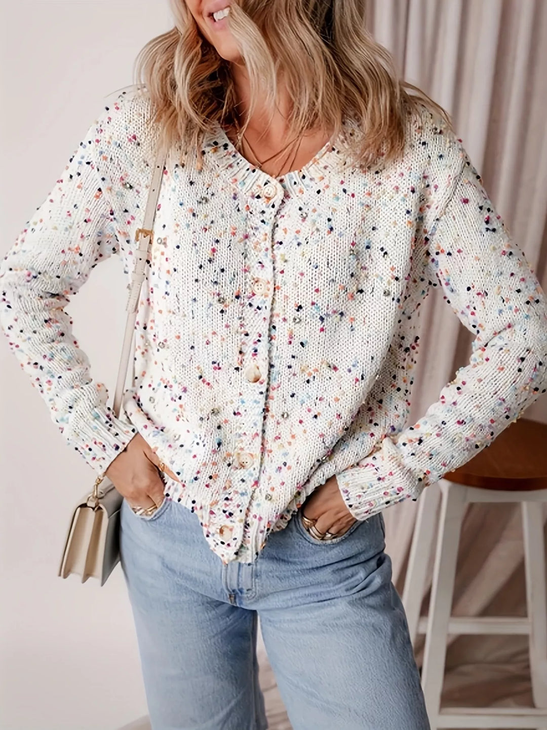 Speckled boucle knit button-front collared cardigan