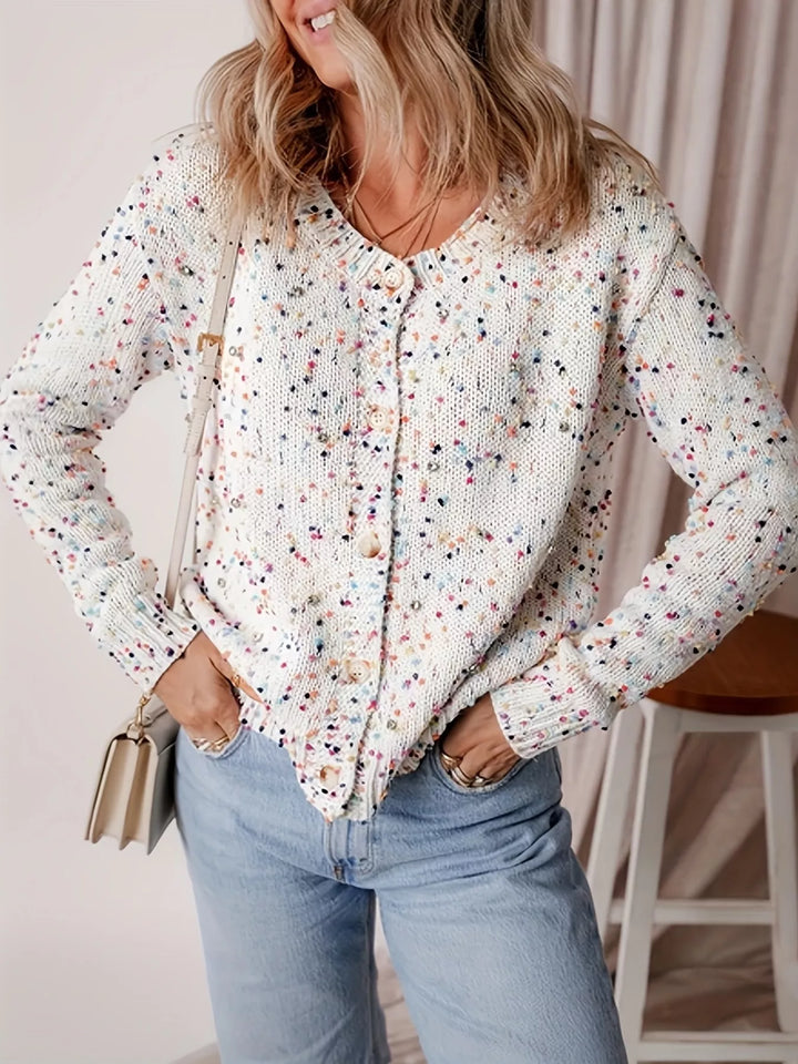 Speckled boucle knit button-front collared cardigan