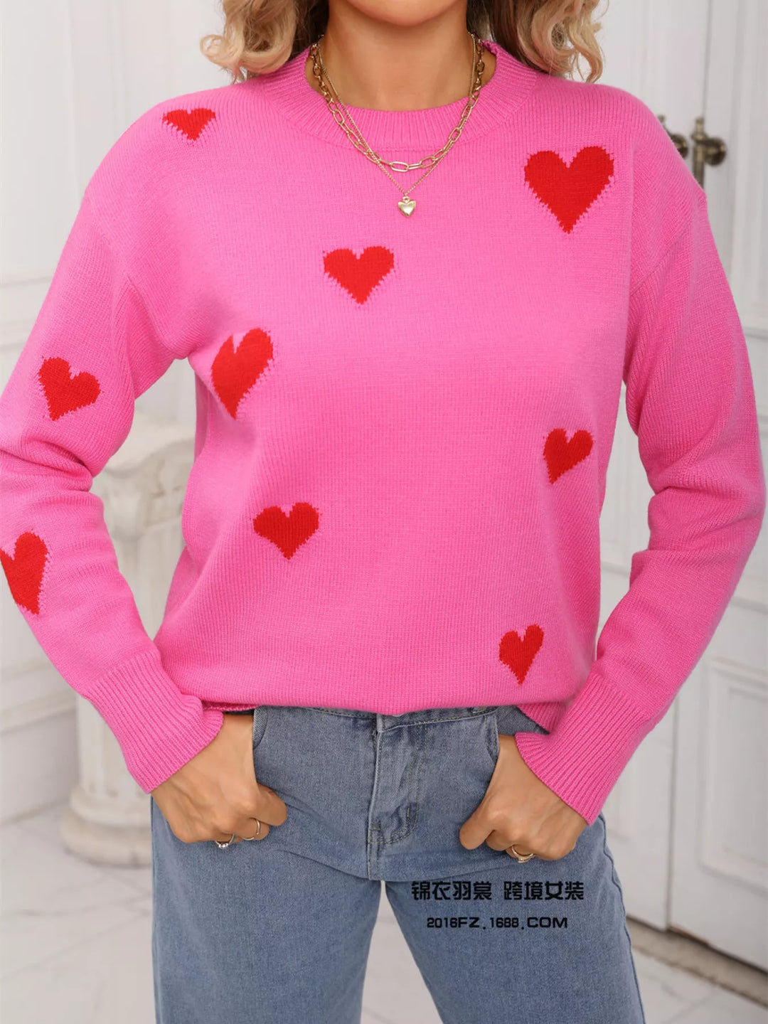 Contrast heart knit crewneck pullover sweater