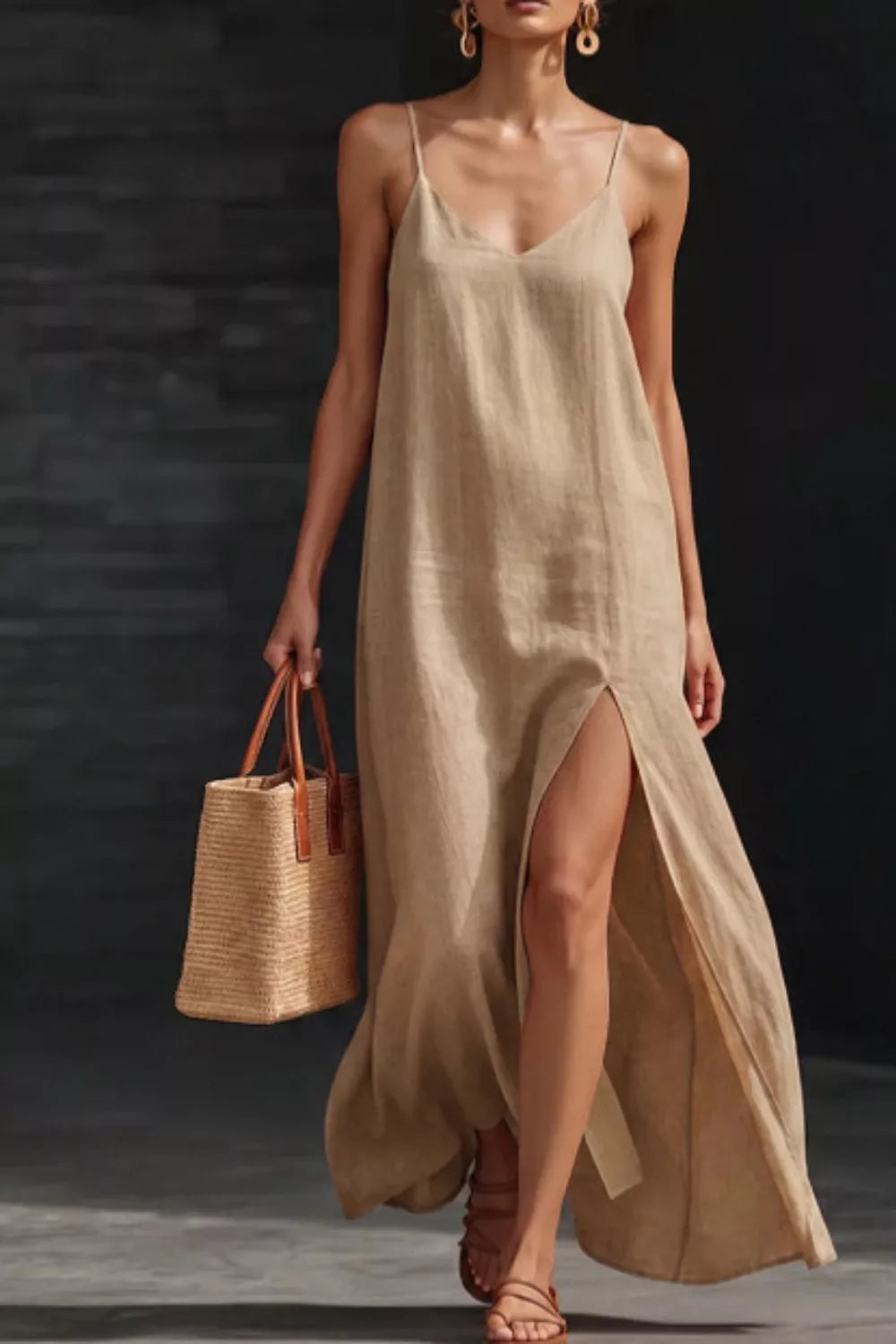 Khaki Spaghetti strap V-neck maxi dress with side slit