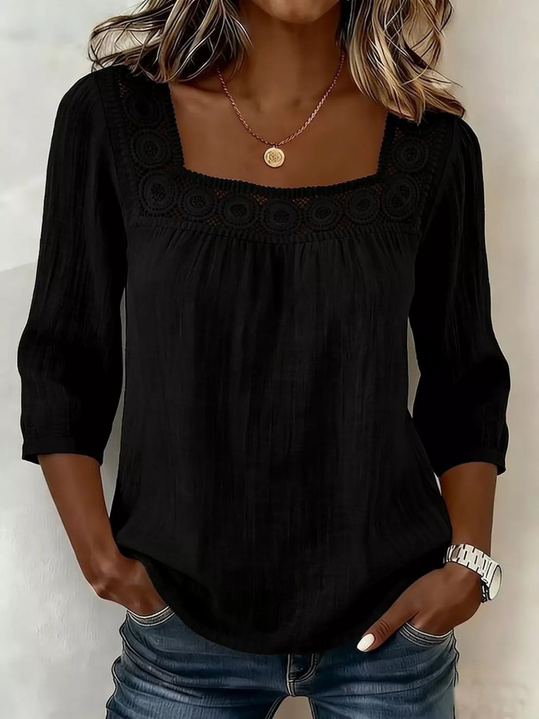 Black Crochet trim square neck blouse with 3/4 sleeves