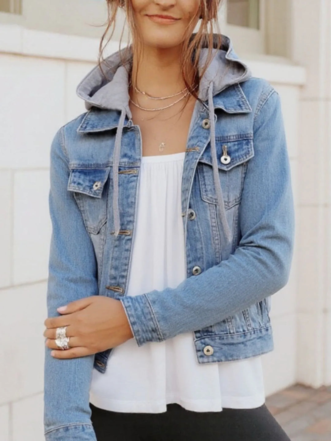 Light Blue Hooded denim jacket with button-up front and drawstring