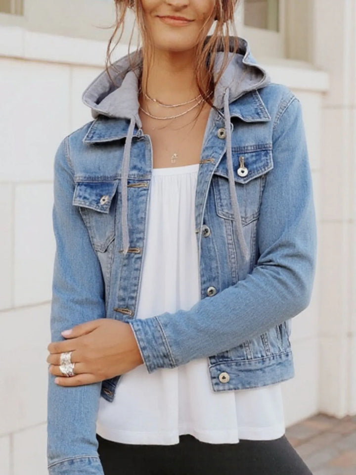 Light Blue Hooded denim jacket with button-up front and drawstring