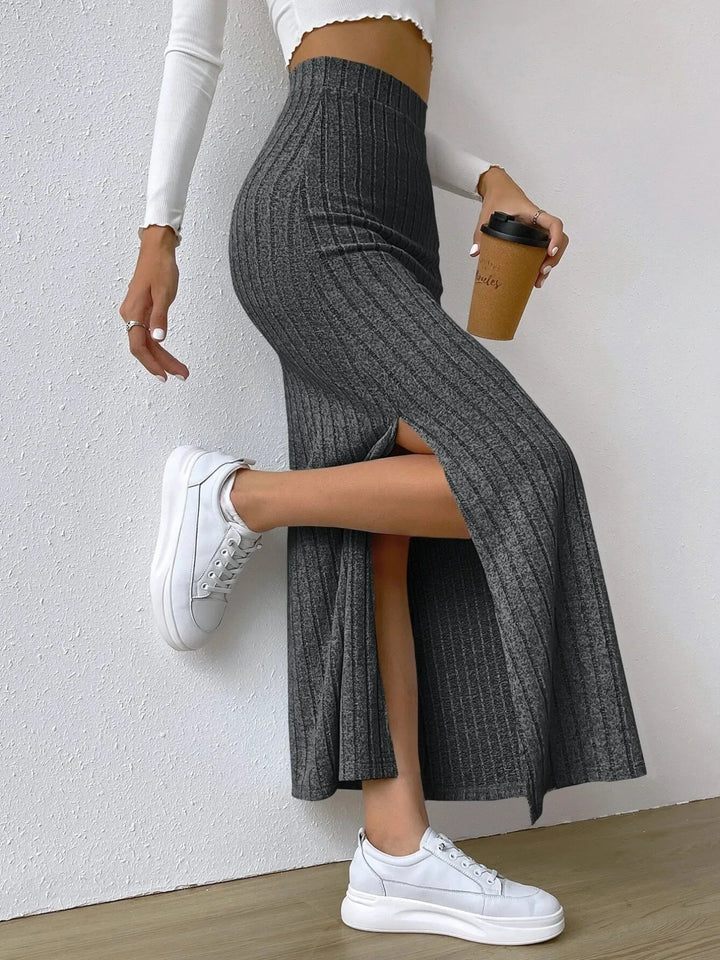Dark Gray Ribbed knit high-waist maxi skirt with front slit