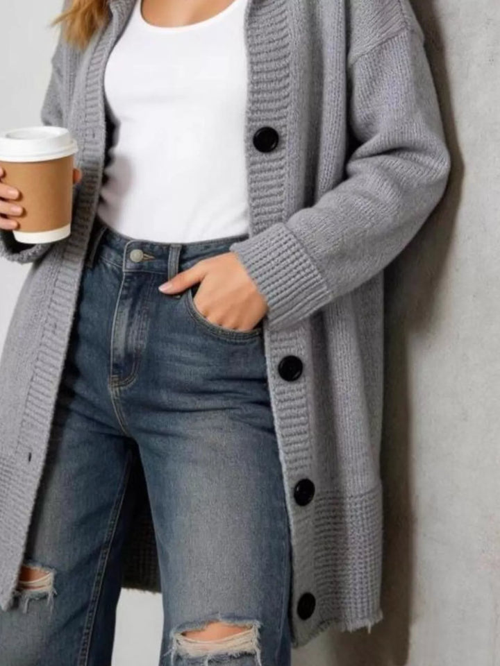 Hooded button-front longline knit cardigan with pockets