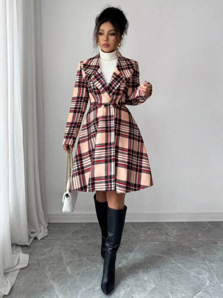 Plaid notch lapel button-front long sleeve coat