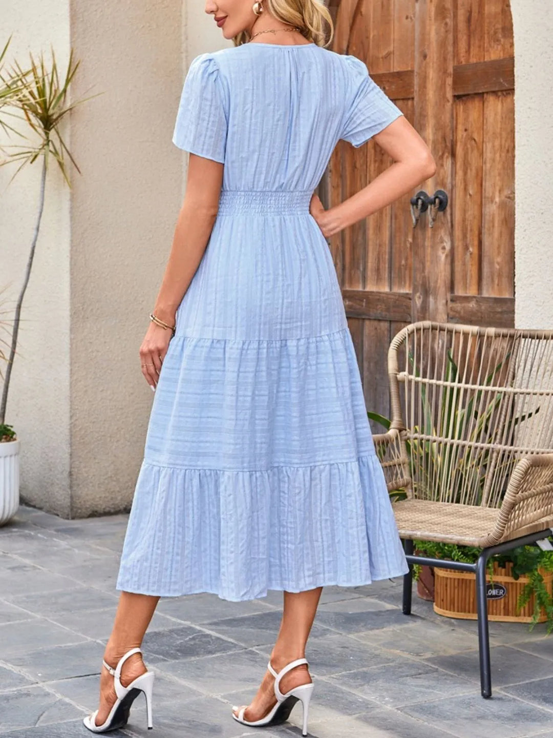 Tiered notched neck short sleeve midi dress with pockets