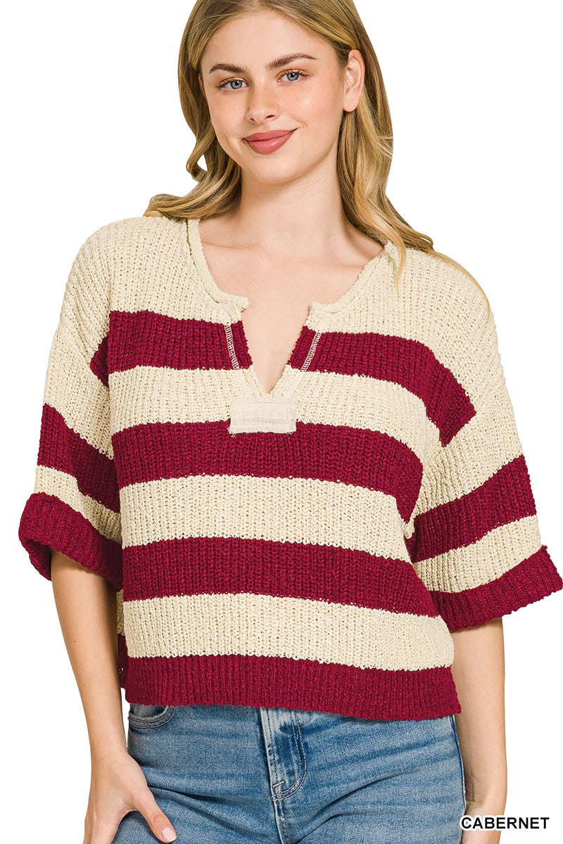 CABERNET Striped ribbed knit split-neck pullover sweater