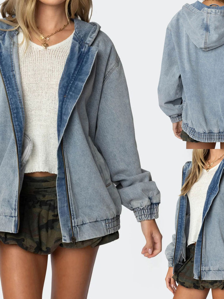 Hooded oversized zip-up denim jacket with elastic cuffs