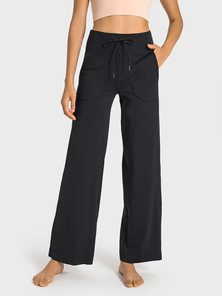 Black High-waist drawstring wide leg pants with patch pockets