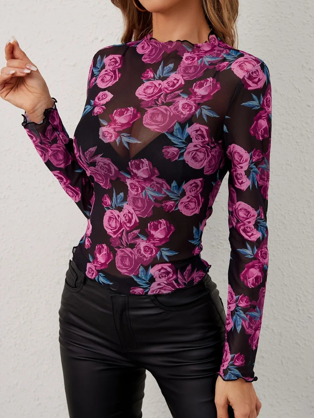 Sheer floral rose mesh mock neck long sleeve top
