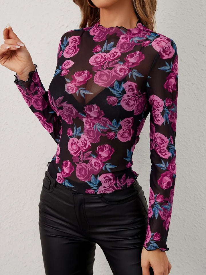 Sheer floral rose mesh mock neck long sleeve top