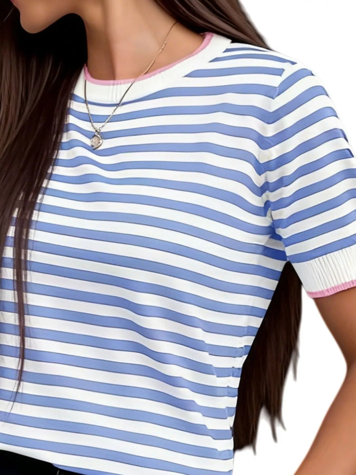 Striped short sleeve knit top with contrast ribbed trim