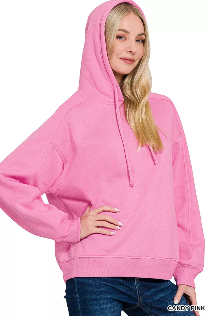 Oversized drawstring fleece pullover hoodie with ribbed cuffs