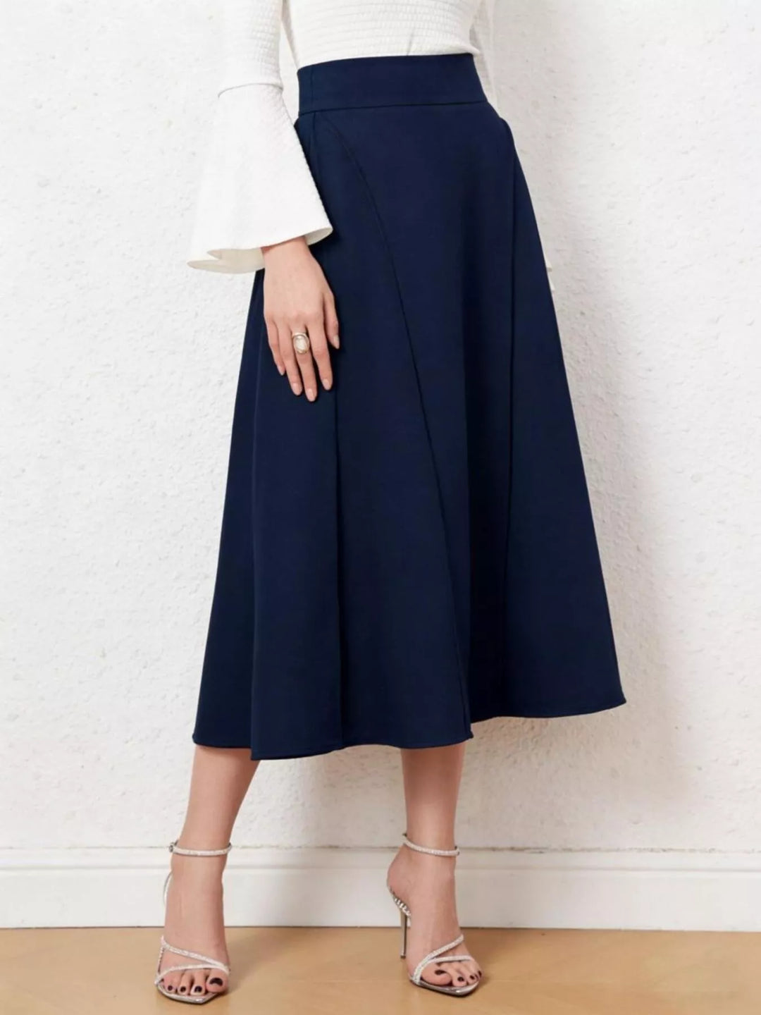 High-waist A-line midi skirt with wide waistband
