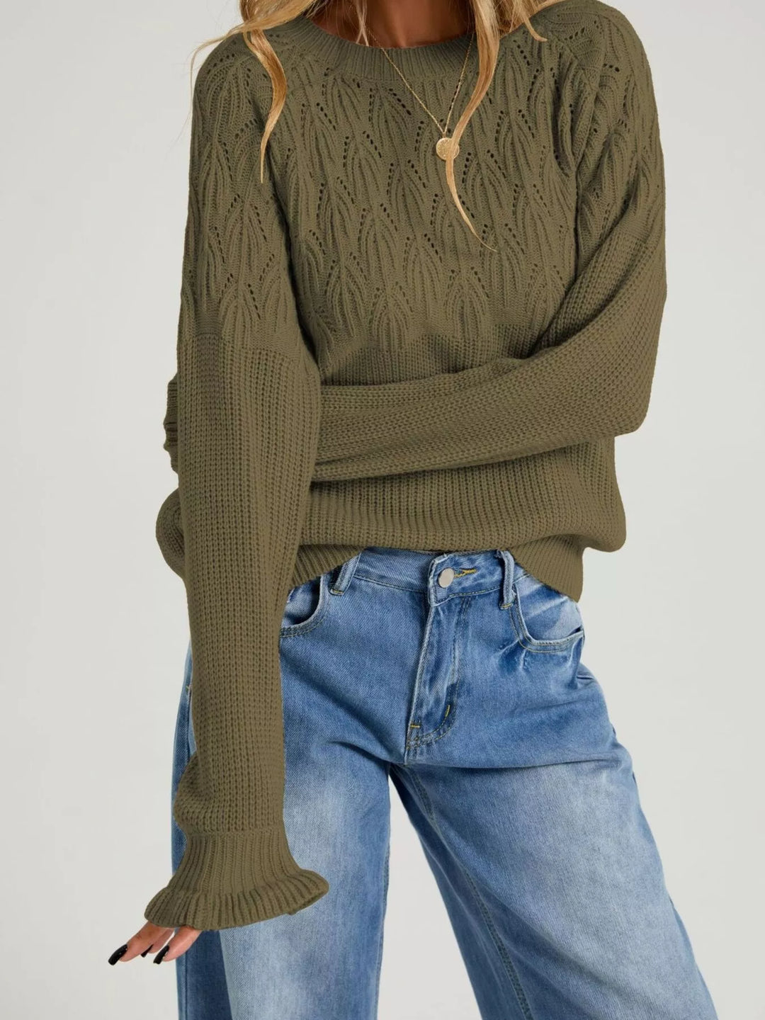 Green Pointelle openwork knit sweater with ruffle cuffs