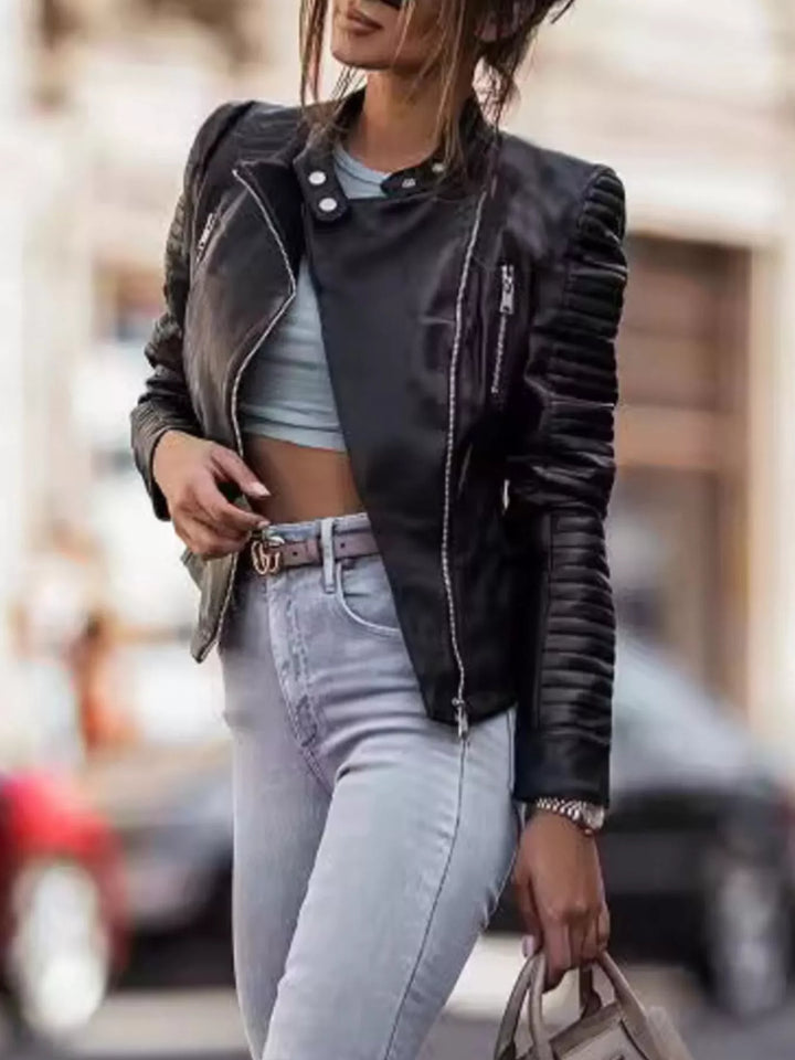 Quilted sleeve faux leather moto jacket with asymmetric zip