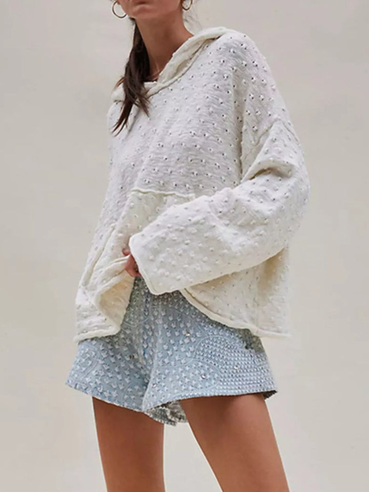 Textured dot knit hooded pullover with front pocket