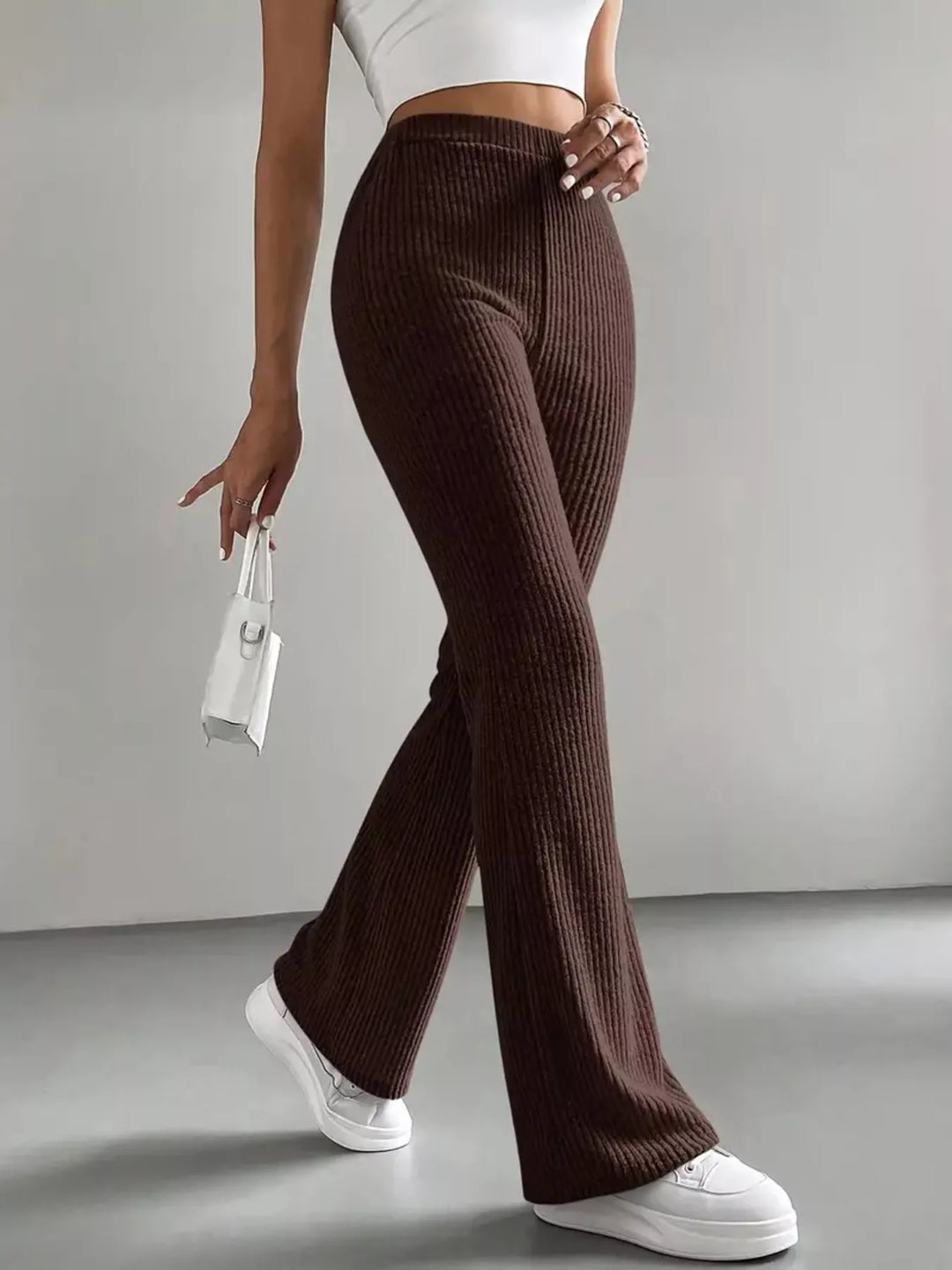 High-rise ribbed knit flare pants