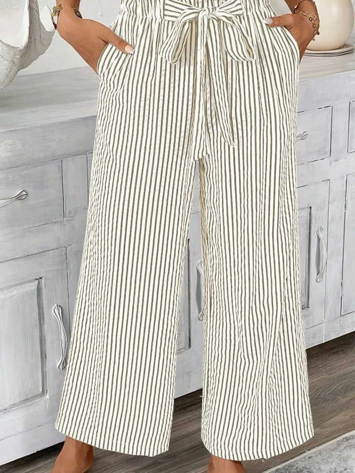 Khaki Striped wide-leg paper bag pants with tie belt