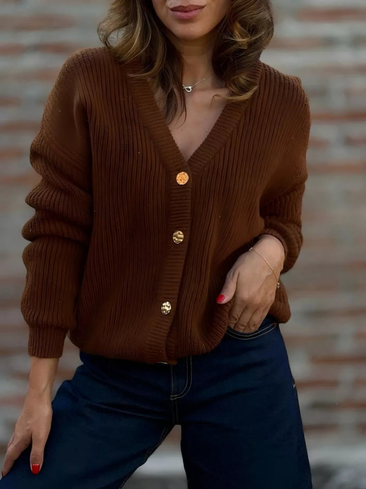 Dark Brown Ribbed knit V-neck button-front cardigan with gold buttons