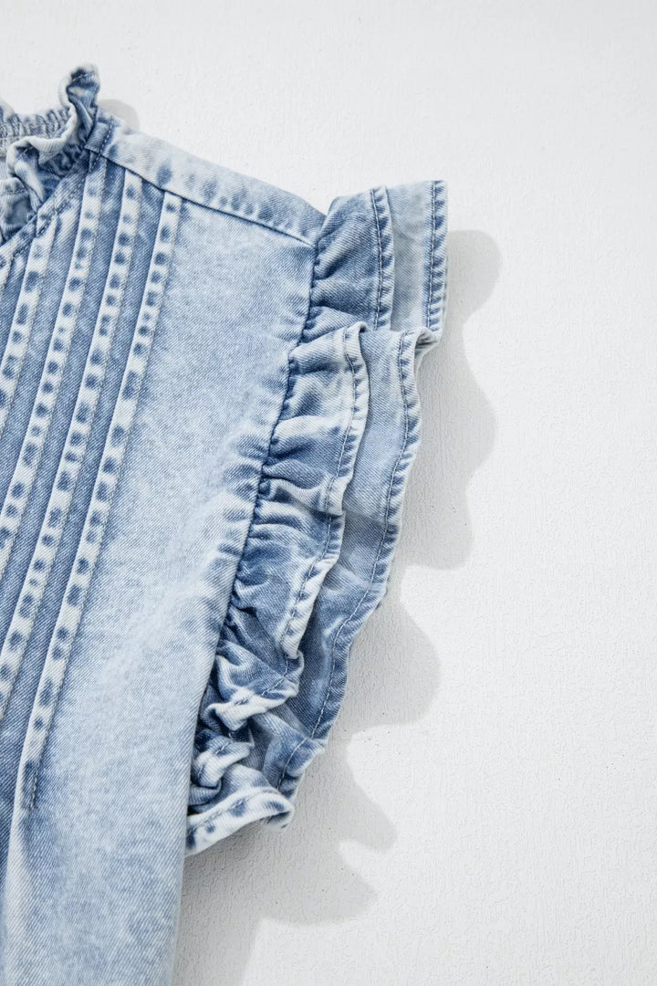 Pintuck pleated denim top with ruffle cap sleeves