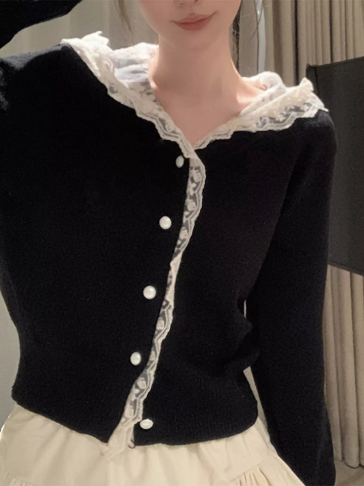 Black Lace collar knit cardigan with pearl buttons