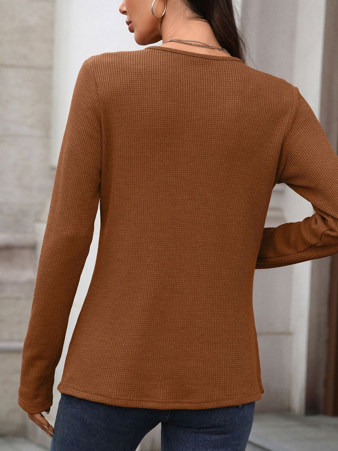 Waffle knit long sleeve henley top with button placket