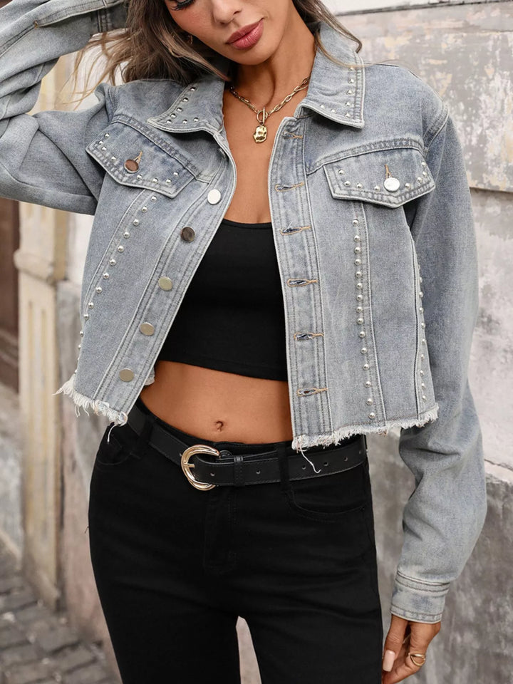 Studded cropped denim jacket with raw frayed hem