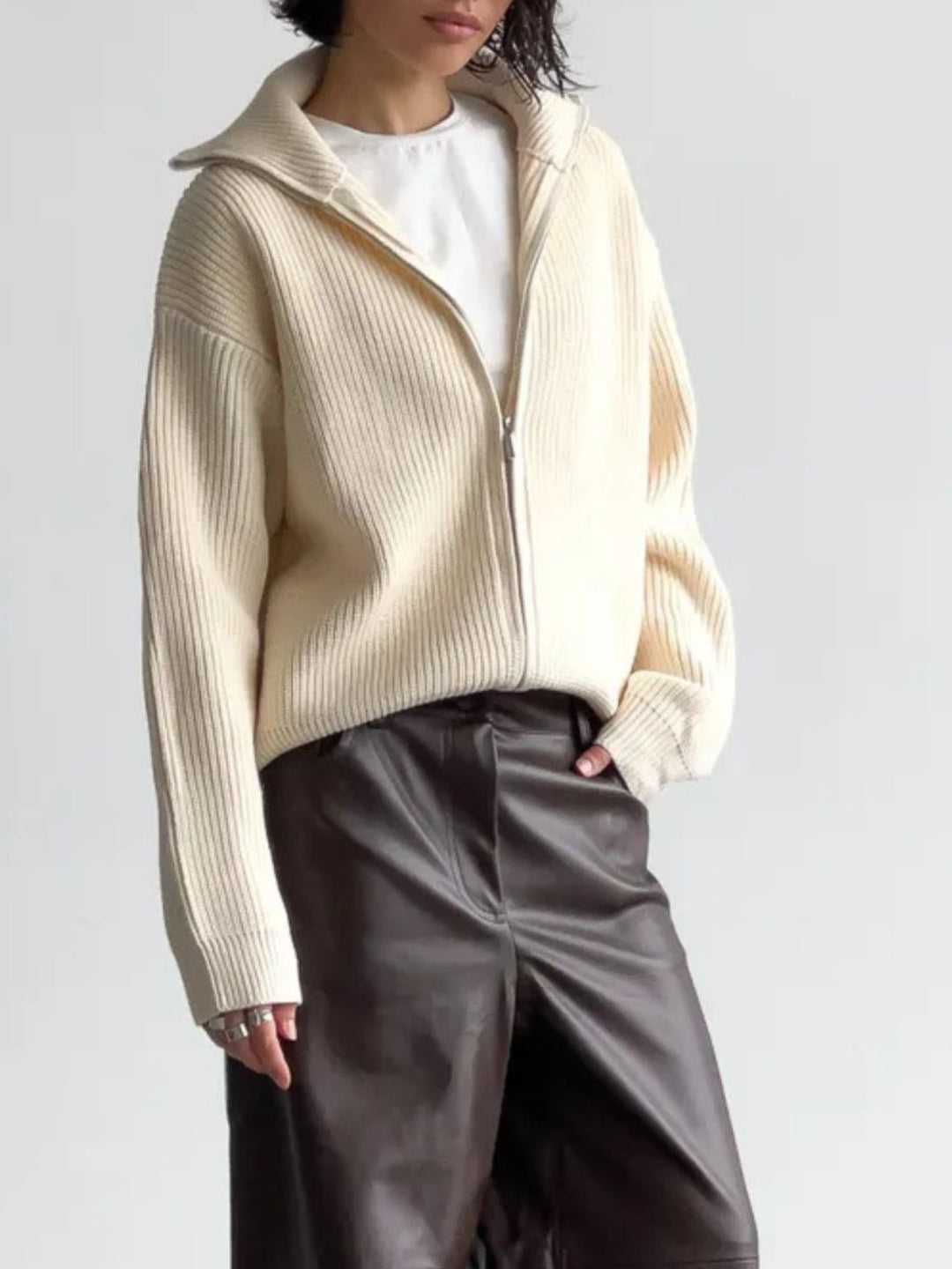 Zip-up ribbed knit cardigan with funnel neck and drop shoulders