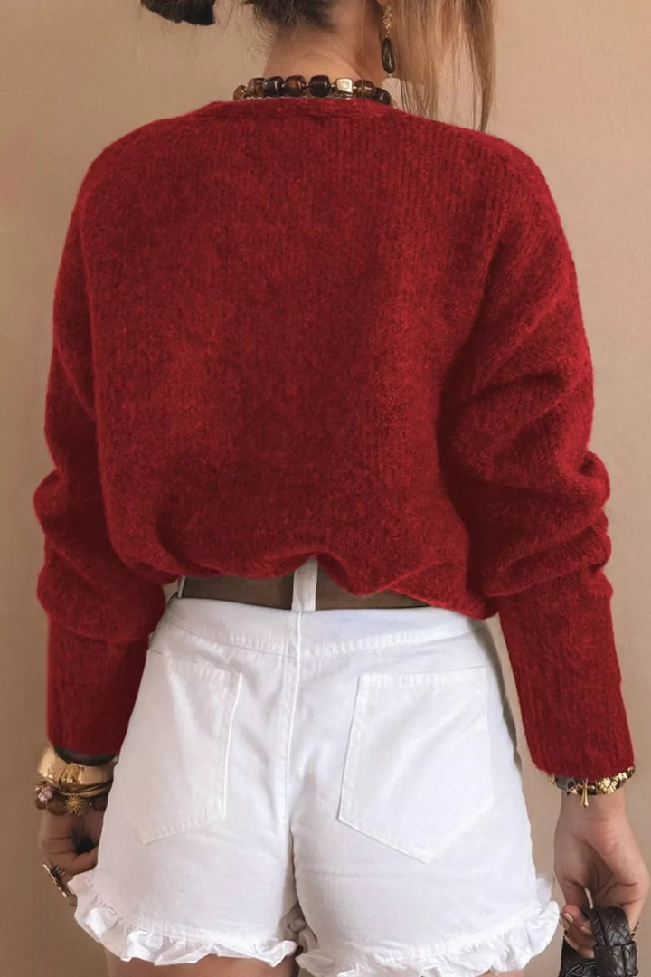 Fuzzy knit cropped cardigan with gold heart buttons