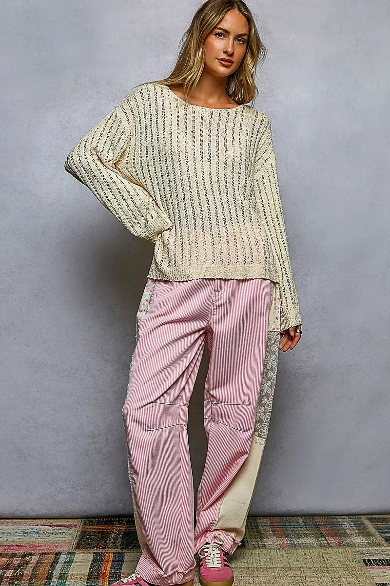 Open-weave pointelle knit sweater with wide neckline