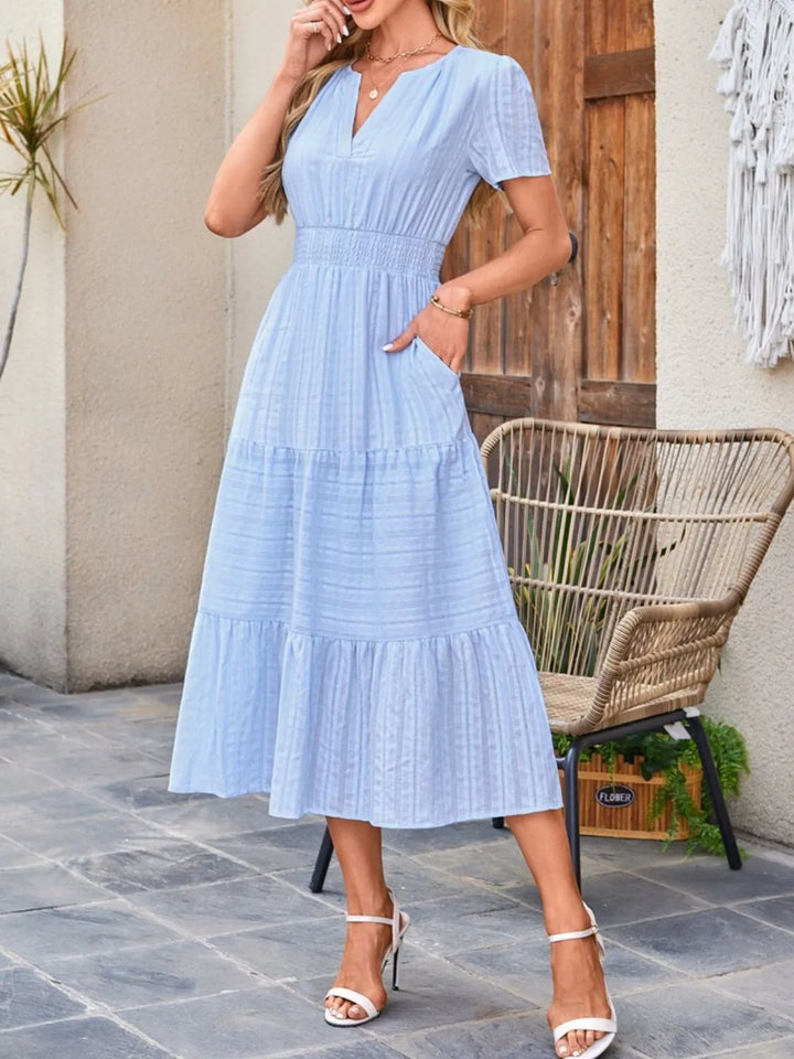 Tiered notched neck short sleeve midi dress with pockets