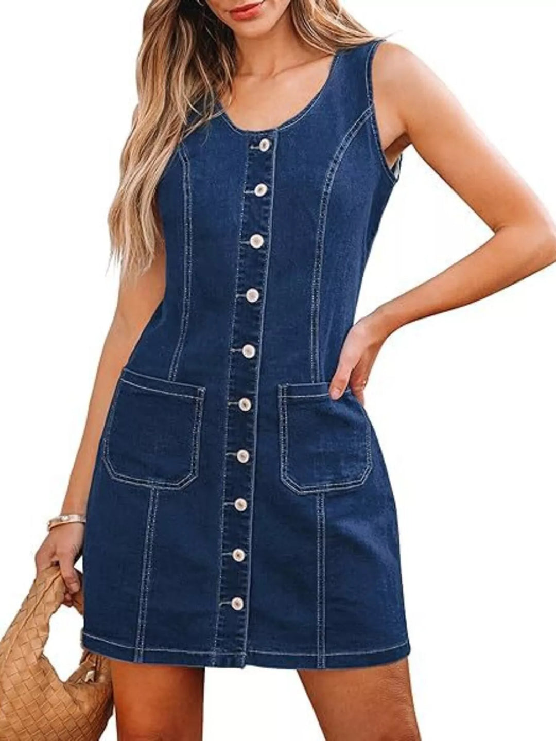 Sleeveless button-front denim mini dress with patch pockets