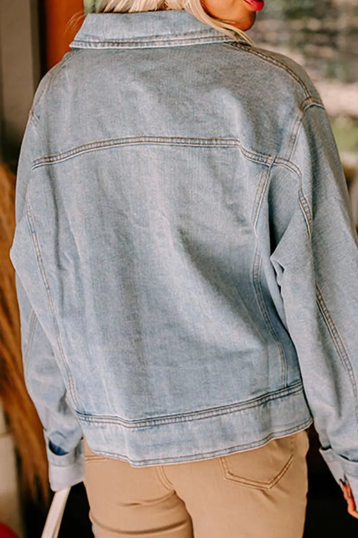 Drop shoulder zip-up denim jacket with flap pockets