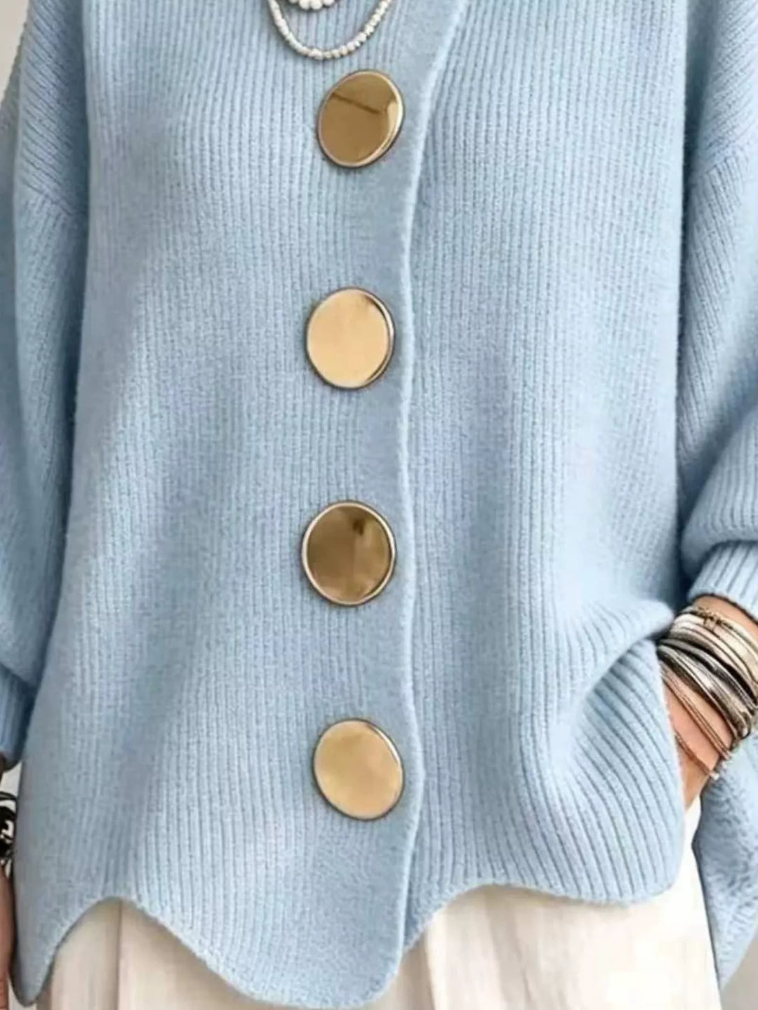 Oversized gold button ribbed knit collared cardigan